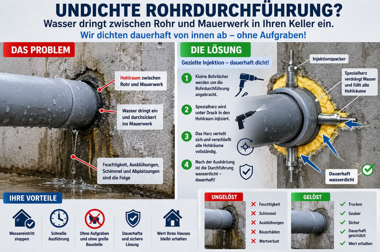 Infografik: Undichte Rohrdurchführung – Problem und Lösung durch Injektionsverfahren im Querschnitt