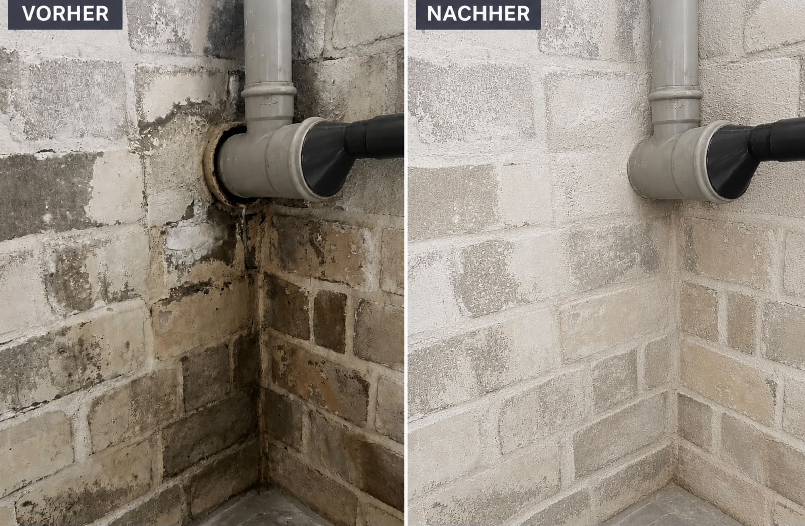 Rohrdurchführung im Keller vorher feucht, nachher trocken abgedichtet